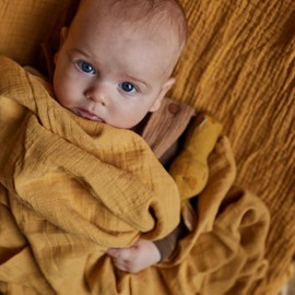 Huxie Denmark - Muslin Swaddle Blankets – 100% Organic Cotton Super Soft Baby Swaddle – Ideal Receiving Blanket for Baby Boy and Girl – 47’’ x 47’’ (Autumn Yellow/Natural)