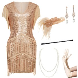 BABEYOND 1920s Flapper Dress Long Fringed Gatsby Dress Roaring 20s Sequins Beaded Dress Vintage Art Deco Dress