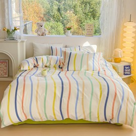 BlueBlue Striped Duvet Cover Set Twin 100% Cotton Bedding for Kids Boys Girls Teens Rainbow Stripe Pattern on White 1 Abstract Geometric Comforter Cover 2 Pillowcases, Twin