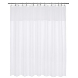 XLarge Fabric Shower Curtain with Sheer Window 96 x 96 inch, Waffle Weave, Hotel Collection, 230 GSM Heavyweight, Water Repellent, Machine Washable, White, 96x96