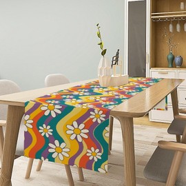 Groovy Flowers - Camino de mesa retro floral de los años 60 y 70 años, diseño de flores de crisantemo blanco para fiestas, pícnic, mesa, comedor, interior y exterior, 13 x 36 pulgadas