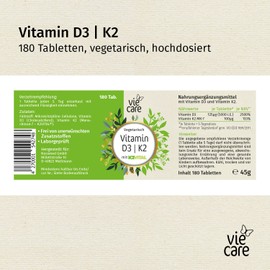 Viecare Vitamin D3 K2 High Dose (180 Tablets) - Vitamin D3 with 5,000 IU and Vitamin K2 Kappa K2VITAL® with at least 99.7% All-Trans Content