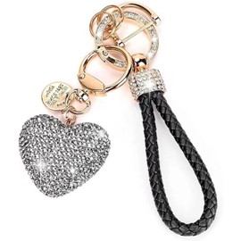 Arwrilt Heart Crystal Car Keychain, Cute Bling Bag Charms with Wristlet Keychain, Pretty Key Ring with Sparkly Rhinestones Heart, Key Fob for Handbag Purse (Black)