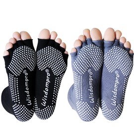 Wisdompro Yoga Socks, 5 Toes, Fingerless, Non-slip, Yoga Wear, Yoga Socks, Sports, Pilates, Ballet, Dance, Men's, Women's, 2 Colors, 2 Pairs, multicolor (gray / black), L