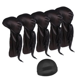 Fokroin Silky Durags for Men and Women, Pack of 5, 360 Waves with 1 Wave Cap Turban, Silky Durag for Men, Premium Satin Do Rags Doo Rags with Long Tail for 360 Waves, Ultra Soft Wave Cap, black