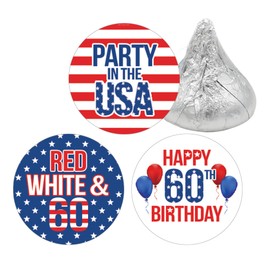 Red White and Blue 60th Birthday Party Favor Stickers - Chocolate Kisses Candy Labels - 180 Count, Patriotic Birthday Party Supplies