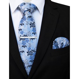 JEMYGINS Mens Floral Ties and Pocket Square Sets with Tie Clip Available, White Blue