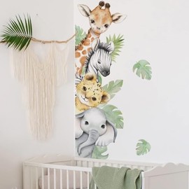 clothmile 44.88 x 11.75 Inch Watercolor Jungle Animal Wall Decals - Forest Safari Elephant Lion Monkey Stickers for Baby Nursery, Playroom, Bedroom, Classroom, Kindergarten Decor