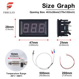 FBBULES LED Digital Thermometer with K-Type Thermocouple Probe, Waterproof, -30-800°C, Thermometer DC 12 V, Mini Temperature Tester for Aquarium, Refrigerator, Red