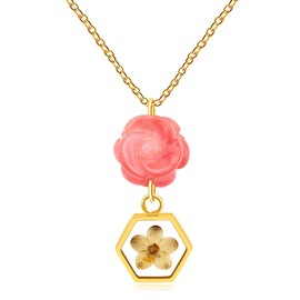 Tobestu Watermelon Stone Rose Christian Inspirational Necklace - Gold Plated Hexagonal Pressed Flower Mustard Seed Pendant Necklaces for Women YA5051