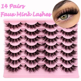 14 Pairs of 3D False Eyelashes, Cat Eye, Fluffy Volume, Curly, Cat-Eye, Artificial Eyelashes, Natural Look, Reusable, Handmade Faux Mink Makeup Eyelashes (14-Pink-XK05)