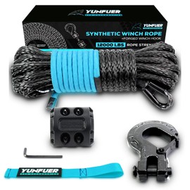 YUNFUER 1/4" x 50ft Synthetic Winch Rope Cable Kit, 10000LBS Winch Rope with Protective Sleeve + Forged Winch Hook + Rubber Stopper and Safety Pull Strap for ATV UTV (Gray)