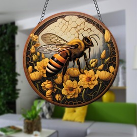 JUNWALL Honey Bee Acrylic Window Hanging, Yellow Flowers Stained Acrylic Window Decor Hanging Ornaments Indoor Outdoor Garden Stained Art Panel Gift for Women Christmas Thanksgiving