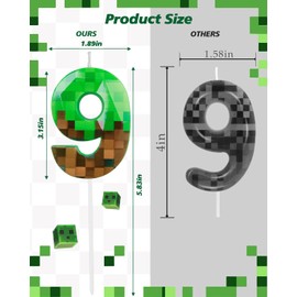 Pixel Birthday Candle, 2.68 Inch Miner Number Candles, Game Themed Candle Birthday Decoration for Pixel Theme Birthday Anniversary Dynamite Video Game Party (Green, 9)