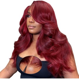 Oxeyegirl 24 Inch (61 cm) 9x6 Body Wave 99J Burgundy 200% Density Real Hair Wig Wear and Go Glueless Wig Lace Front Wig Human Hair Wigs Burgundy Wigs Real Hair Women No Glue Pre Plucked Pre Cut