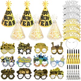 DPKOW 36pcs Glitter 2025 New Year Party Accessories, Hats Glasses New Year Headband Tiara Fringed Noise Makers for 2025 New Year's Eve Party Favour Kit New Year Black Gold Silver White