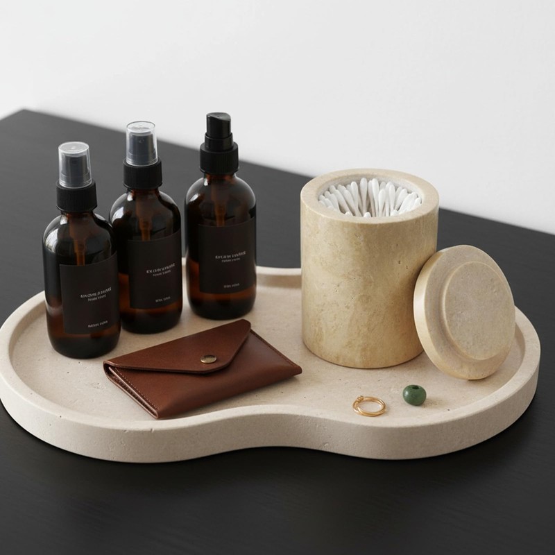 4.55" Travertine Qtip Swab Holder Easy-Lift Lid Bathroom Storage Canister