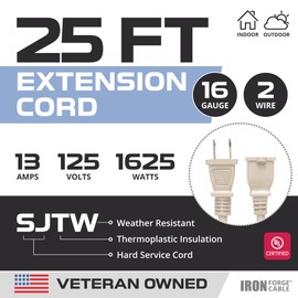 Iron Forge Cable 2 Prong Extension Cord 25 ft - 16 Gauge 13 Amp Heavy Duty Outdoor 2 Prong Power Cord - SJTW - Great for Landscaping, Deck, Outdoor Lights - Tan