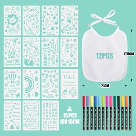 BOOMTOP 12 Baby Bibs for Painting, Baby Bib, Cotton with 12 x Textile Pens, 15 x Painting Stencils, Baby Shower Decoration, Games, Waterproof Bibs for Babies, Boys, Girls, Baby Shower, Animals