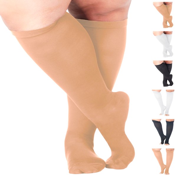 Made in USA - T.E.D. Anti Embolism Compression Socks for Women and Men 15-20mmHg - Wide Calf Compression Knee High for Embolism - Beige, 2X-Large - A401BE5
