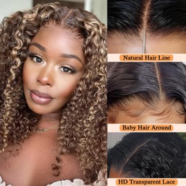 FASHION IDOL Deep Curly High Gloss Colour Bob Human Hair Wig Short Curly Lace Front Wig for Women HD T Part Lace Front Pre-Plucked Wigs 180% Density
