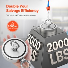 VEVOR 2000 LBS Double-Sided Magnet Fishing Kit, Strong Magnet Fishing Kit, Rare Earth Neodymium Magnetic Fishing Kit Includes Grappling Hook, 65ft Heavy Duty Rope, Gloves and Eyebolt