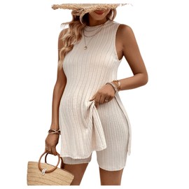 MakeMeChic Women's Maternity Two Piece Outfit Side Split Tank Tops Biker Shorts Pregnancy Set, Apricot, X-Large
