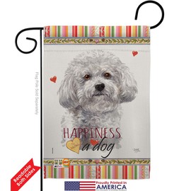 Bichon Frise Happiness Garden Flag Set Wall Holder Animals Dog Puppy Spoiled Paw Canine Fur Pet Nature Farm Animal Creature Small Decorative Gift Yard House Banner Double-Sided Made In USA 13 X 18.5