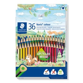 STAEDTLER Buntstifte Noris colour, ergonomisches Dreikantformat, rutschfeste Soft-Oberfläche, hohe Bruchfestigkeit, Made form Upcycled Wood, 36 Farbstifte im Kartonetui, 187 CD36