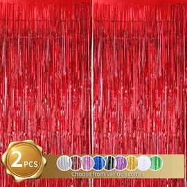 TONIFUL 2 Pack Red Foil Fringe Curtains Tinsel Metallic Streamer Curtains for Photo Props Background Birthday Christmas Photo Backdrop Wedding Bridal Shower Party Decorations(3.28 ft x 6.56 ft)