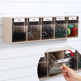 Memorywuu 5 Tilt Out Storage Bins for Slatwall Plastic Tip Out Bin with Metal Hooks and Labels Wall Mount Slatwall Hanging Storage Containers for Garage Workbench Home (23.6 x 6.5 x 5.2 Inches)