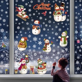 195 Pcs Christmas Window Stickers | Double-Side Snowman Snowflacke Window Decoration for Glass Widnow | 8 Sheets Snowflake Window Clings for Xmas Decorations Home Party Decor