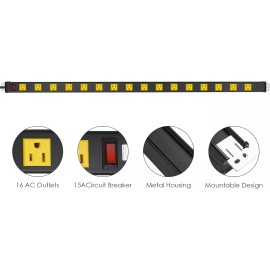 JUNNUJ Long Metal 16 Outlet Power Strip, Wide Spaced Garage Industrial Power Str