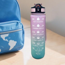 Water Jug with Time Marker, 1L Drinking Water Bottle with Carrying Strap, Leakproof Tumbler, Portable Drinking Container for Outdoor Fitness Travel Gym Yoga School