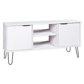 vidaXL New York Wooden TV Stand in White - Scandinavian-Inspired Furniture with Solid Pine Wood & Metal Legs - Home Decor Essential with Storage