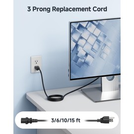 Cable Matters [UL Listed] 2-Pack 16 AWG 3 Prong Computer Power Cord - 10ft, 13A Monitor Power Cord Replacement, AC Cable, NEMA 5-15P to IEC C13, Black