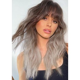 LEMEIZ Ash Blonde Wigs with Brown Roots, Loose Weave Ombre Brown Blonde Synthetic Wigs with Fringe, Ombre Wig 45.7 cm/18 inches LEMEIZ-137