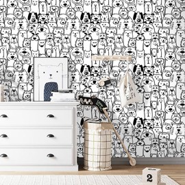 Fiula Peel and Stick Wallpaper Contact Paper Black and White Wallpaper Modern Dog Animal Wall Paper Textured Self Adhesive Removable Wallpaper for Nursery Kids Room Shelf Liner Vinyl Roll 197"x17.3"