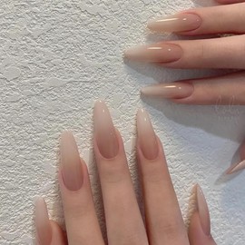 Press on Nails Medium Almond False Nails Nude Gradient Fake Nails Artificial Acrylic Nails Solid Color Design French Stick on Nails Full Cover Glossy Reusable Coffin Nails Glue on Nails for Women