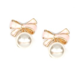 Pink bow with faux pearl clip on earrings