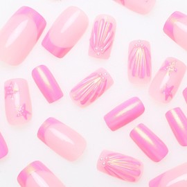 RIICFDD Cute Nails French Press on Nails Medium Square Fake Nails 3D Shell StarFish False Nails Pink Glitter Glue on Nails Pearl Nail Charms Full Cover Stick on Nails for Women Acrylic Nails 24 Pcs