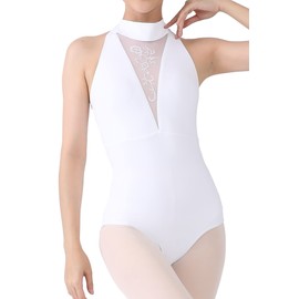 Dance Elite - Isadora - Deep V mesh Front Dance leotard. Leotards for Women Ballet and Dance (White, Adult L)
