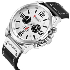 PASOY Mens Leather Strap Watch Chronograph Waterproof Analog Quartz Multifunction Military Watch (Silver White)
