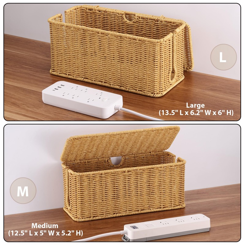 2Pack Large Cable Management Box, Handwoven Imitation Rattan Cord Organizer