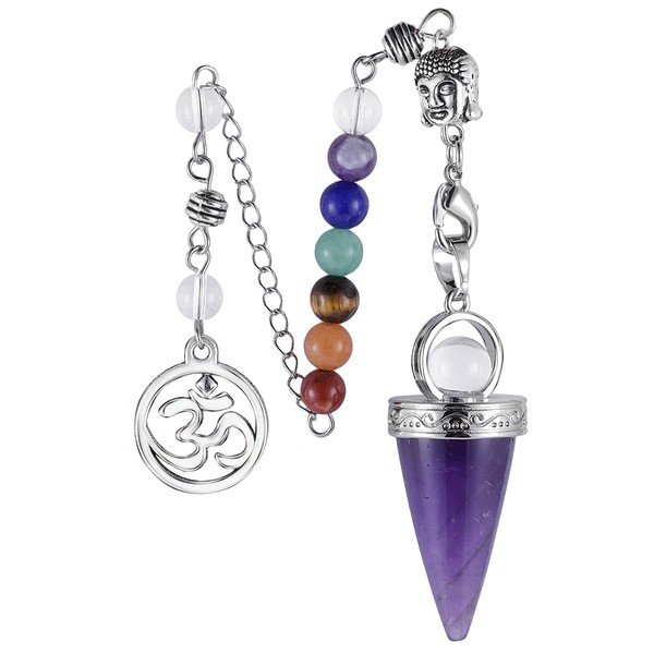 SUNYIK Natural 7 Chakra Crystal Point Pendulum for Dowsing Divination, Buddha Head Cone Pendulum with 7 Chakra Beads Chain 7.5'', Amethyst