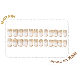 IMRAIN Press on Nails Medium Square Fake Nails Golden French Tip False Nails with Gold Foil Designs Full Cover Glitter Glue on Nails White Acrylic Glossy Squoval Stick on Nails for Women 24Pcs