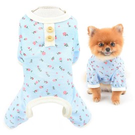 SMALLLEE_LUCKY_STORE Small Dog Clothes Cute Floral Waffle Knit Puppy Pajamas Pjs Cat Pyjamas Stretchy Jumpsuit Warm Sleepwear Outfits for Yorkie Chihuahua,Blue,XL