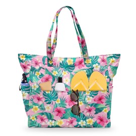 SIOQCKIS Large Beach Bag Waterproof Sandproof Cute Beach Bags for Women Pool Tote Bags with Zipper Summer Swim Bag Foldable Lightweight Gym Outdoor Travel Vacation Essentials Floral Palm Leaves