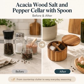 Acacia Wood Salt and Pepper Cellar with Spoon - 360° Swivel Lid for Kitchen Countertop Seasoning Storage