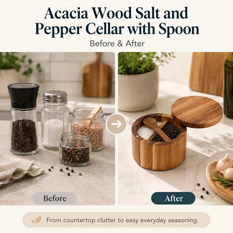 Acacia Wood Salt and Pepper Cellar with Spoon - 360°